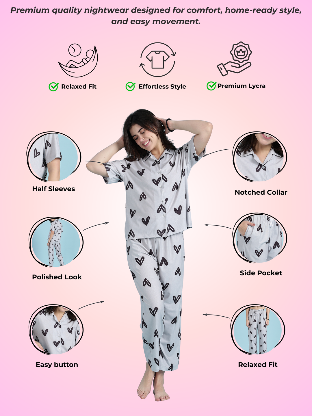 Snowy Heart Soft-Stretch Dreamy Button down Loungewear And Night Suit Set