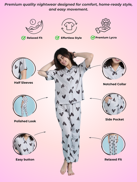 Snowy Heart Soft-Stretch Dreamy Button down Loungewear And Night Suit Set