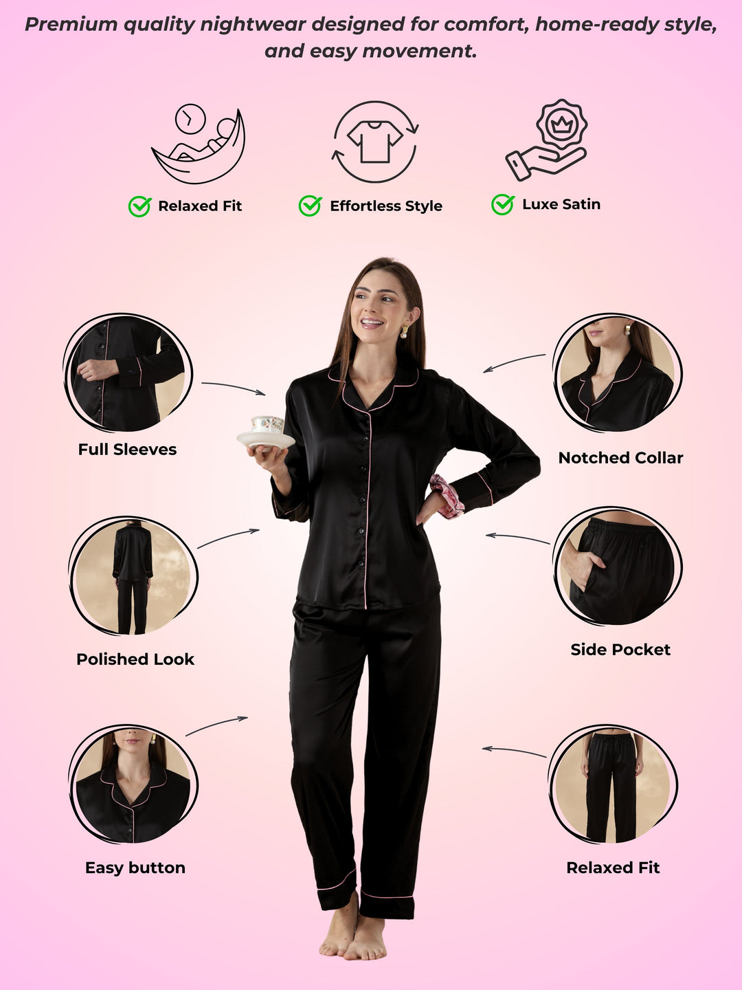 Midnight Moir Satin Long Sleeve Loungewear And Pajama Set with Fluid Drape