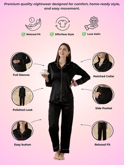 Midnight Moir Satin Long Sleeve Loungewear And Pajama Set with Fluid Drape