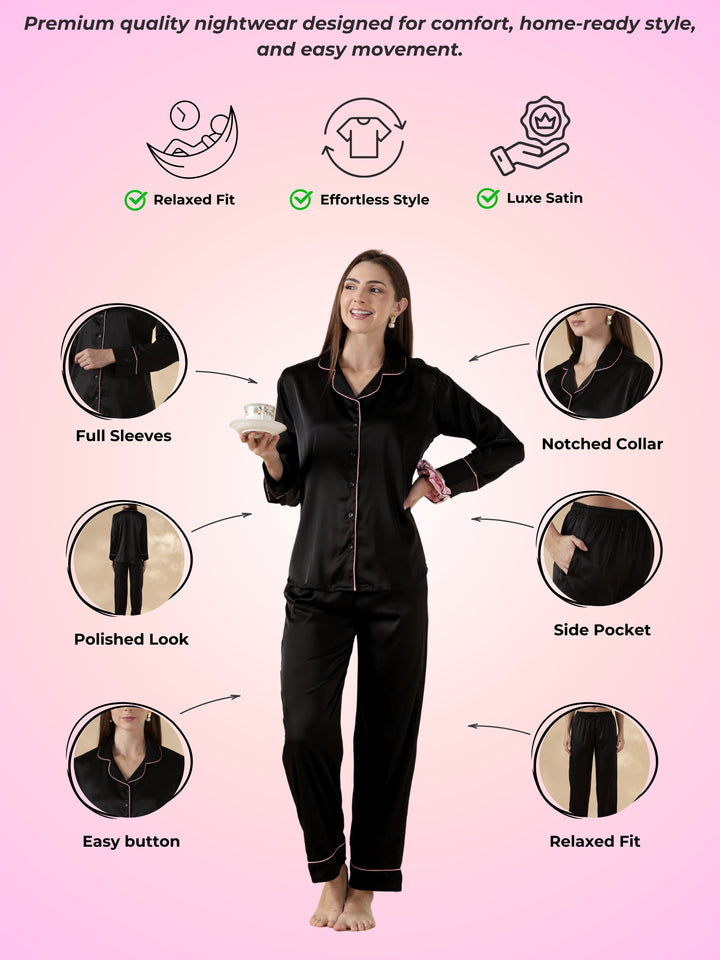 Midnight Moir Satin Long Sleeve Loungewear And Pajama Set with Fluid Drape