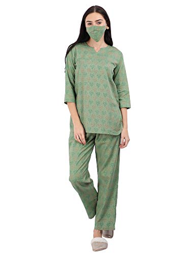Leaf Green Pure Cotton Pajama Set for Women in Co-ord Style with Mask