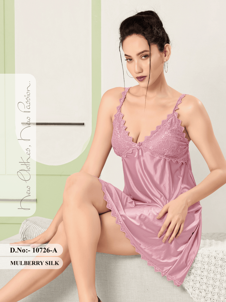 Blush Affair Mulberry Silk Babydoll Dress with Floral Lace V Neck