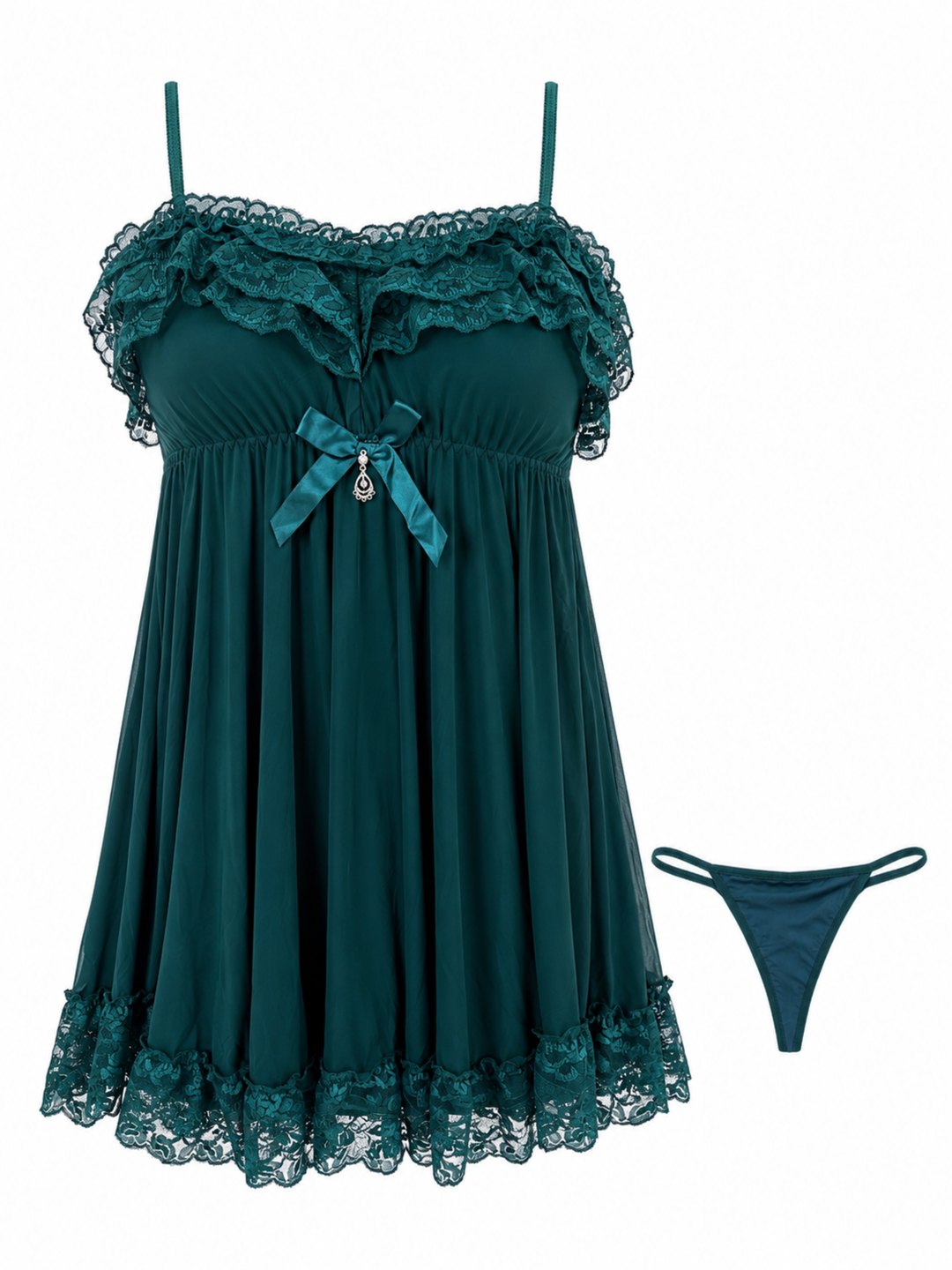 Emerald Green Babydoll Dress Floral Lace A Line Nightwear