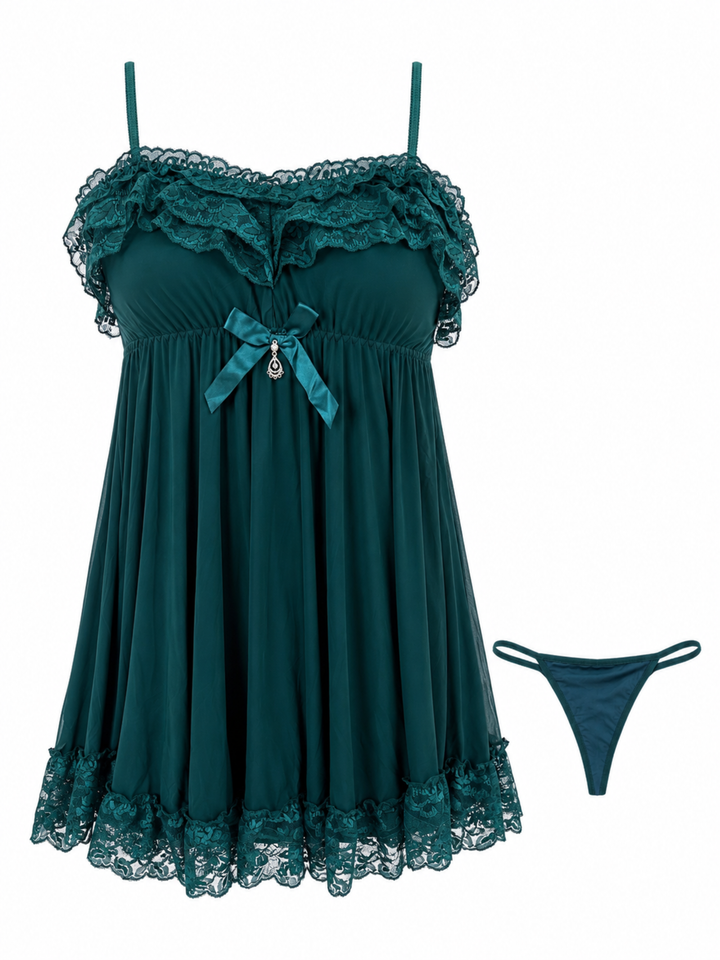 Emerald Green Babydoll Dress Floral Lace A Line Nightwear