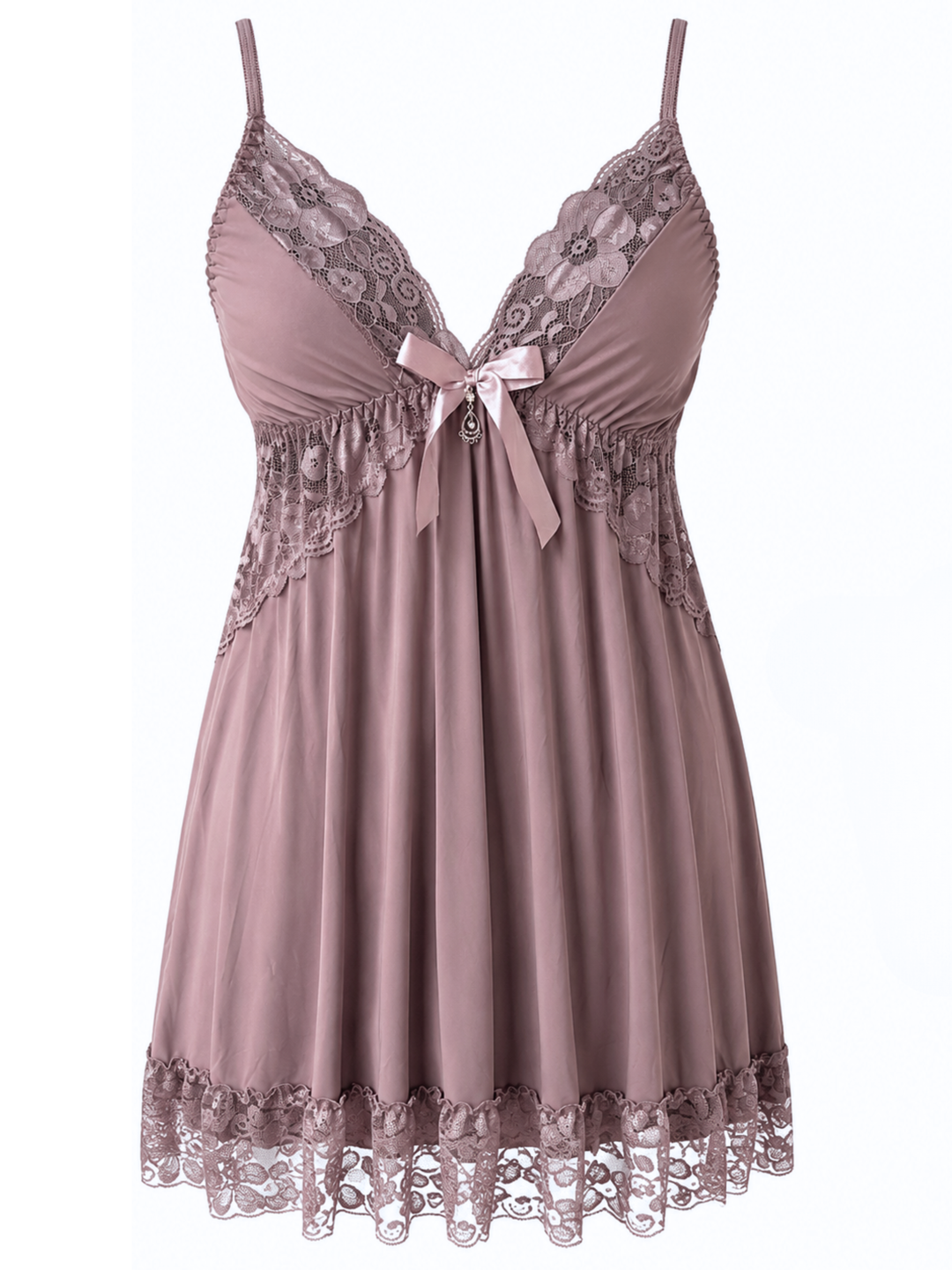 Champagne Nude Malai Modal Babydoll Dress Lace V Neck Elegant Fit