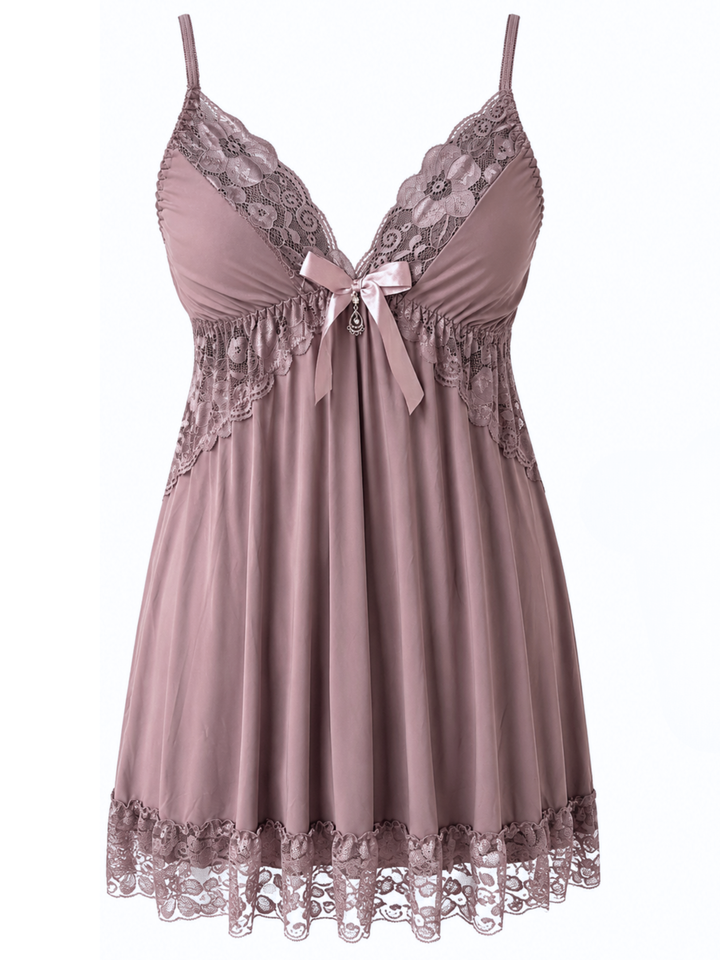 Champagne Nude Malai Modal Babydoll Dress Lace V Neck Elegant Fit