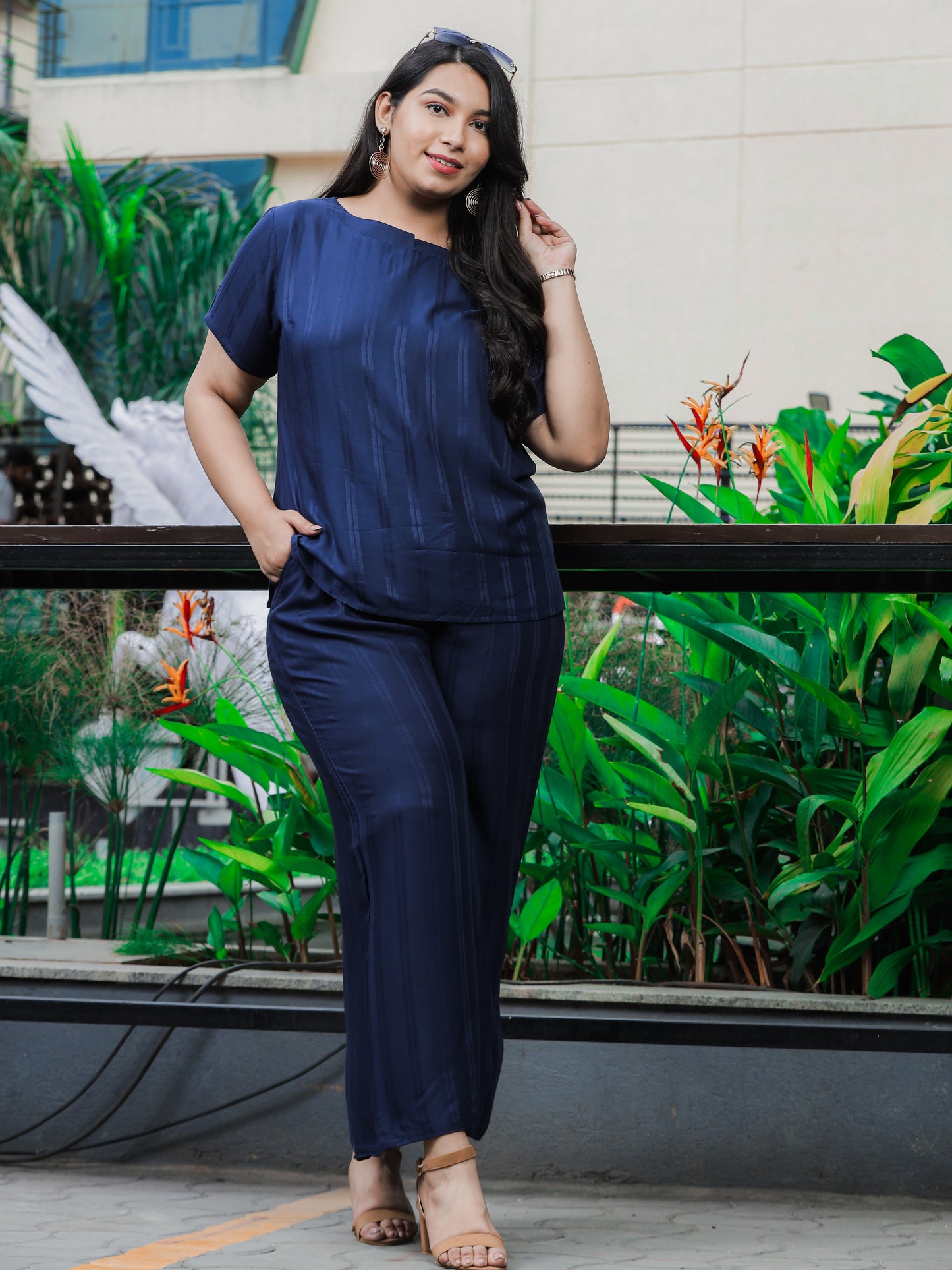 Midnight Navy Round Neck Coord Sets for Women with Relaxed Fit and Subtle Texture