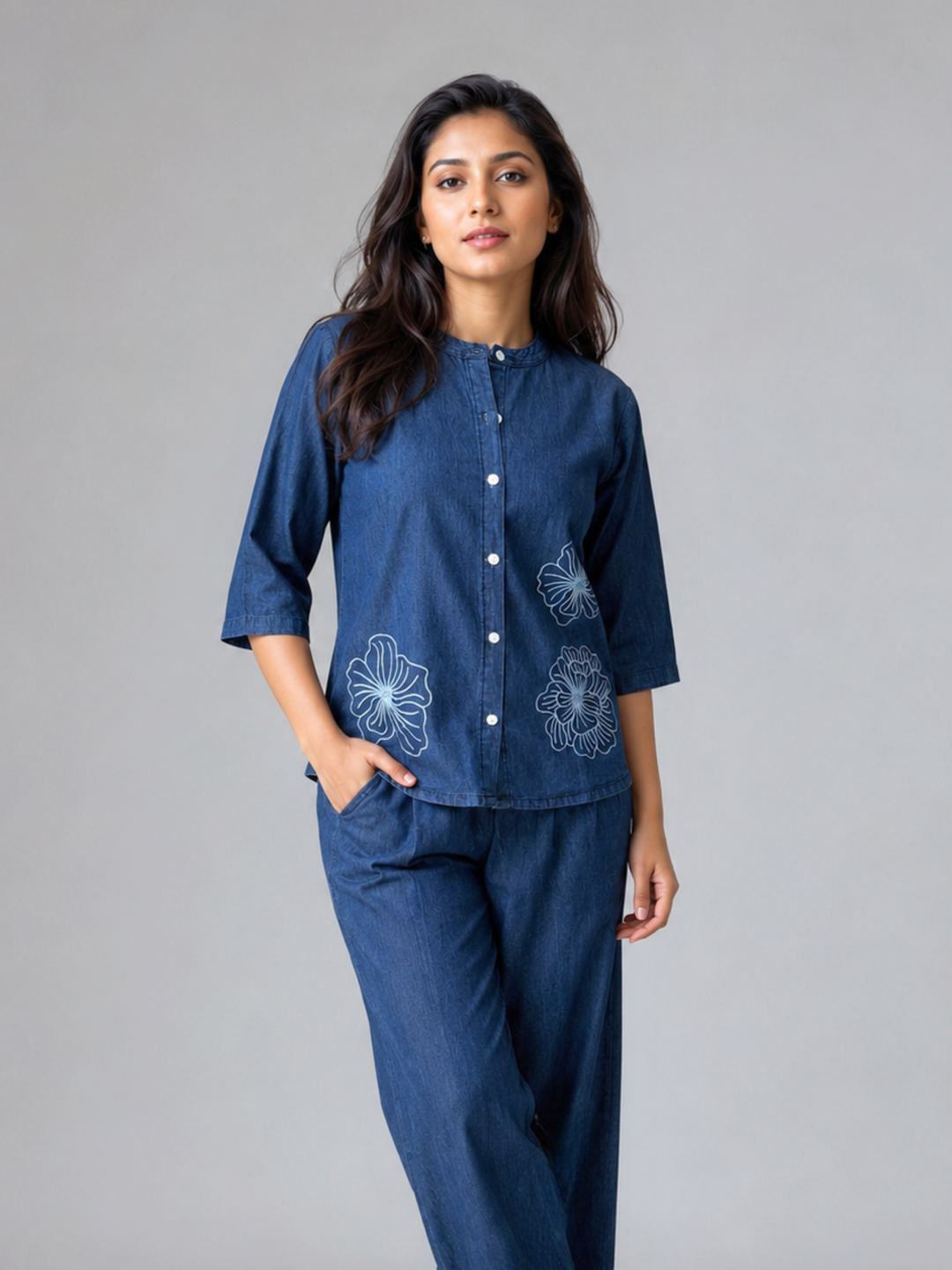 Denim Co Ord Set for Women with Floral Embroidery