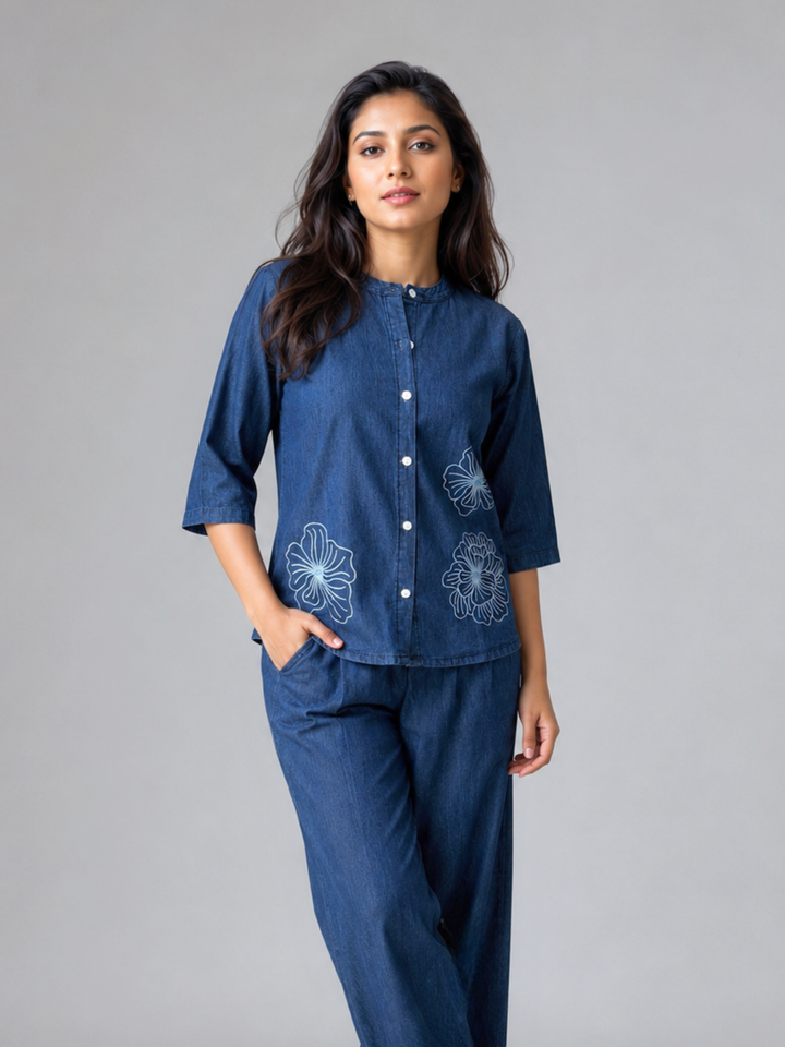 Denim Co Ord Set for Women with Floral Embroidery