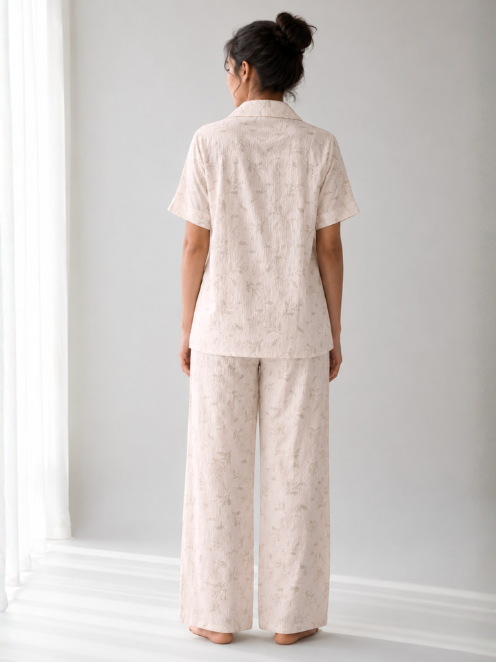 Peachy Dream Crush Fabric Botanical Sprig Print Korean Night Suit for Women
