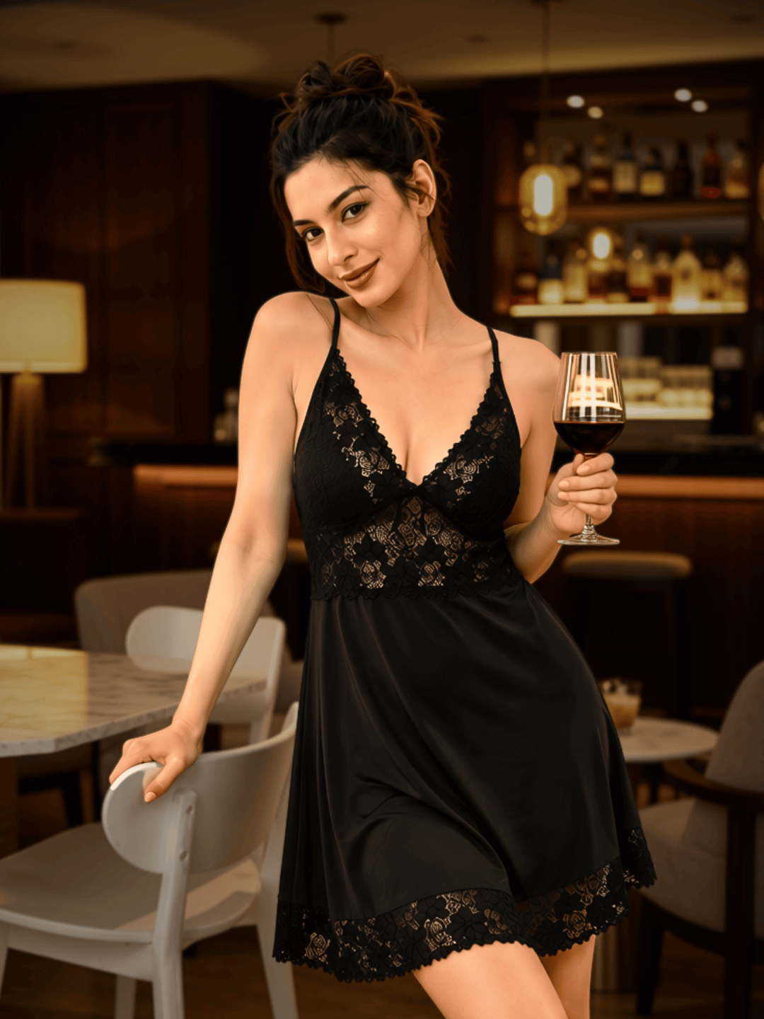 Black Love Malai Deep V Neck Lace Babydoll Nightwear