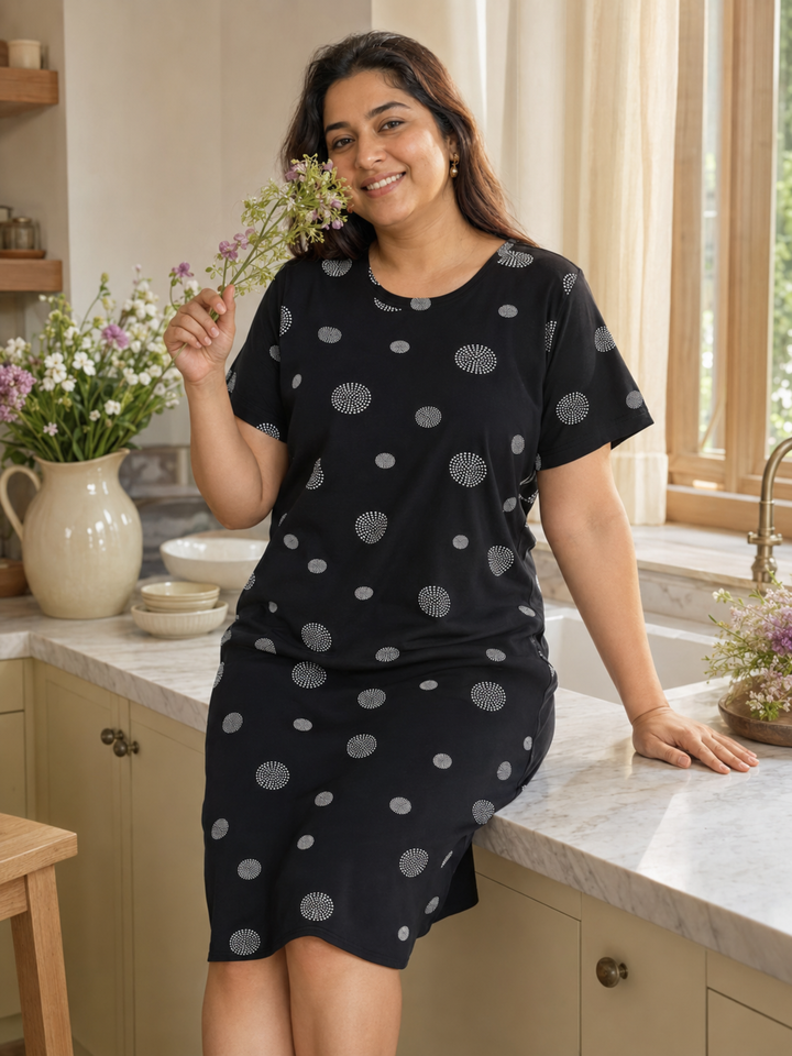 Black Dot Printed Cotton Short Nighty for Women Soft Comfort
