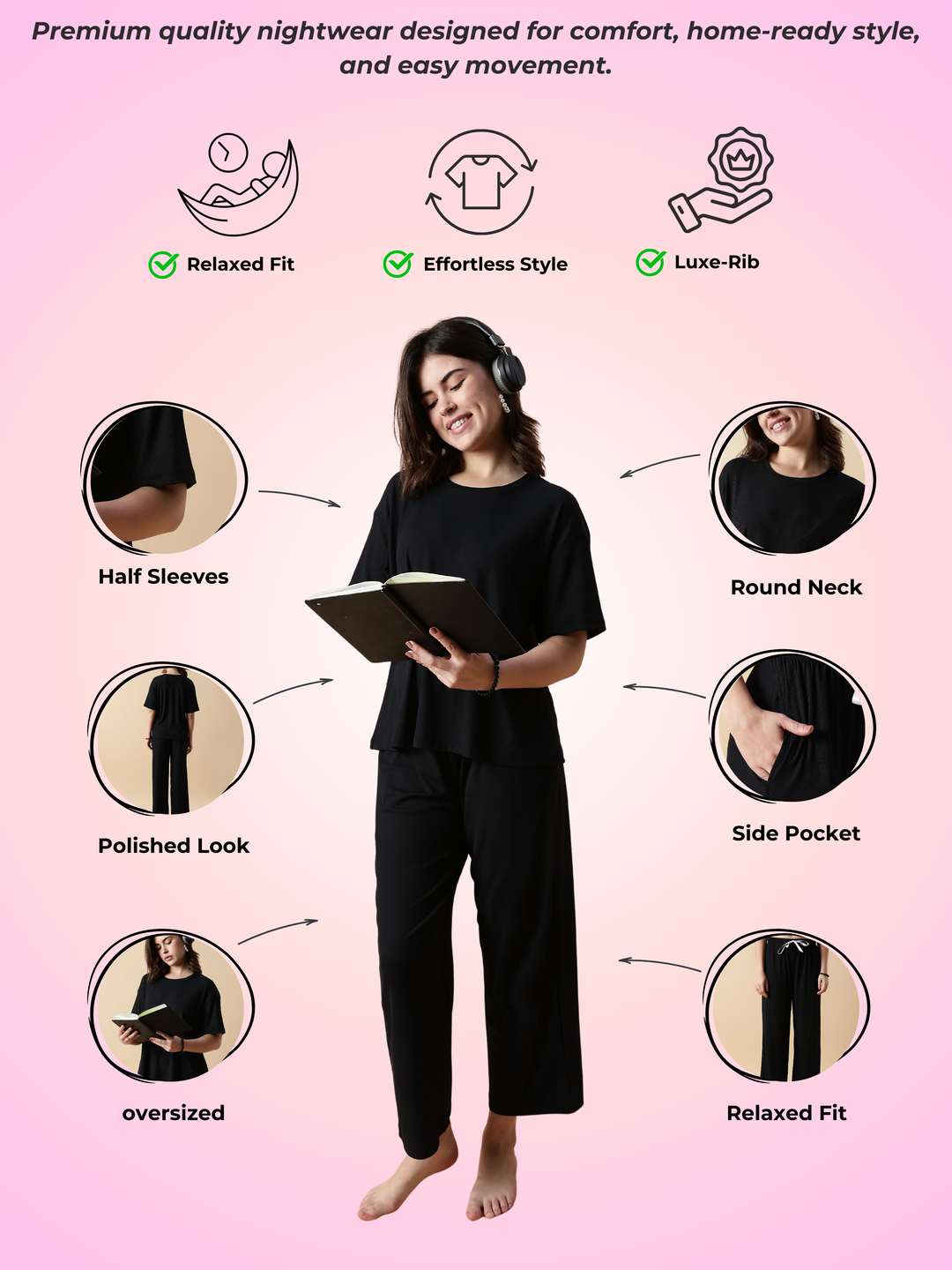 Black Magic Rib-Soft Cozyluxe Loungewear And Pajama Set