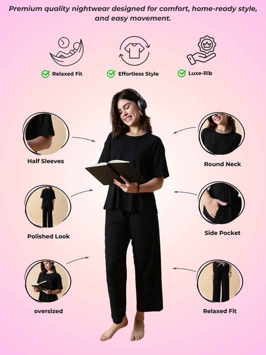 Black Magic Rib-Soft Cozyluxe Loungewear And Pajama Set