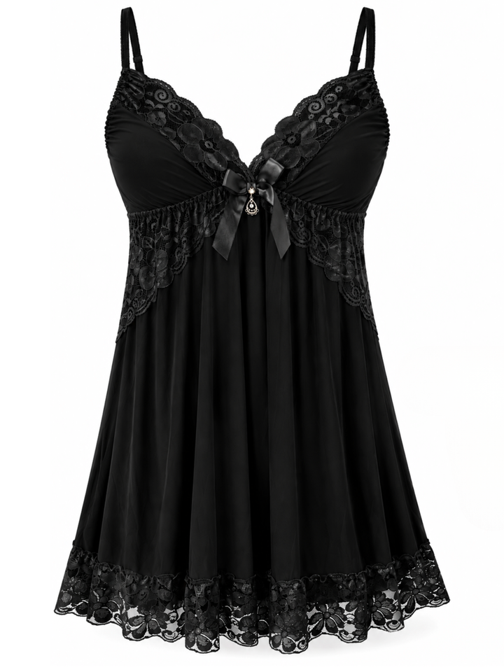 Black Velvet Malai Modal Babydoll Dress Lace V Neck Flowy Fit