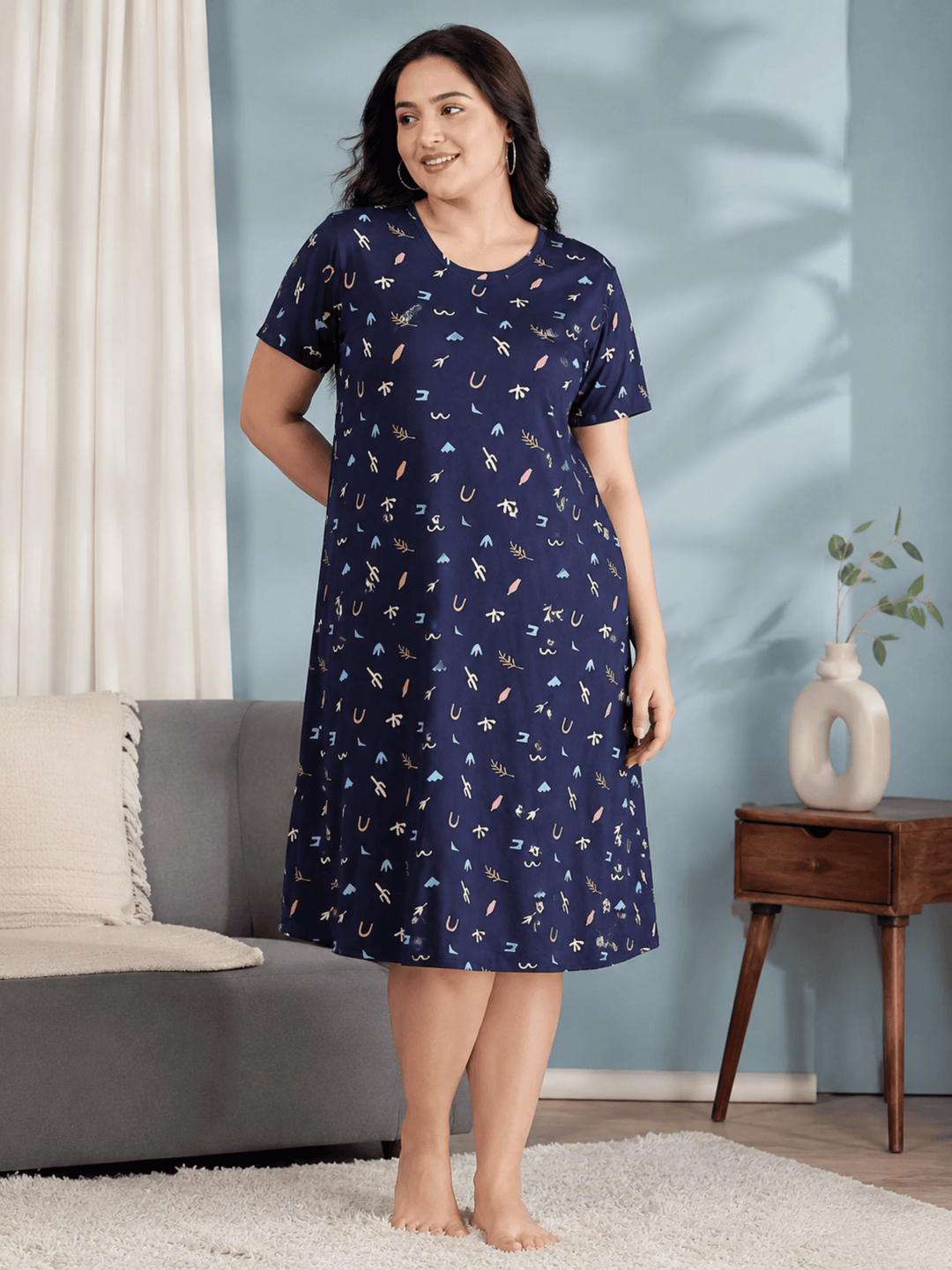 Navy Blue Long Polo Hosiery Cotton Abstract Print Short Nighty for Women