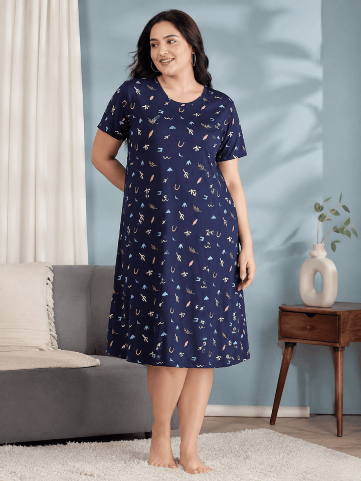 Navy Blue Long Polo Hosiery Cotton Abstract Print Short Nighty for Women