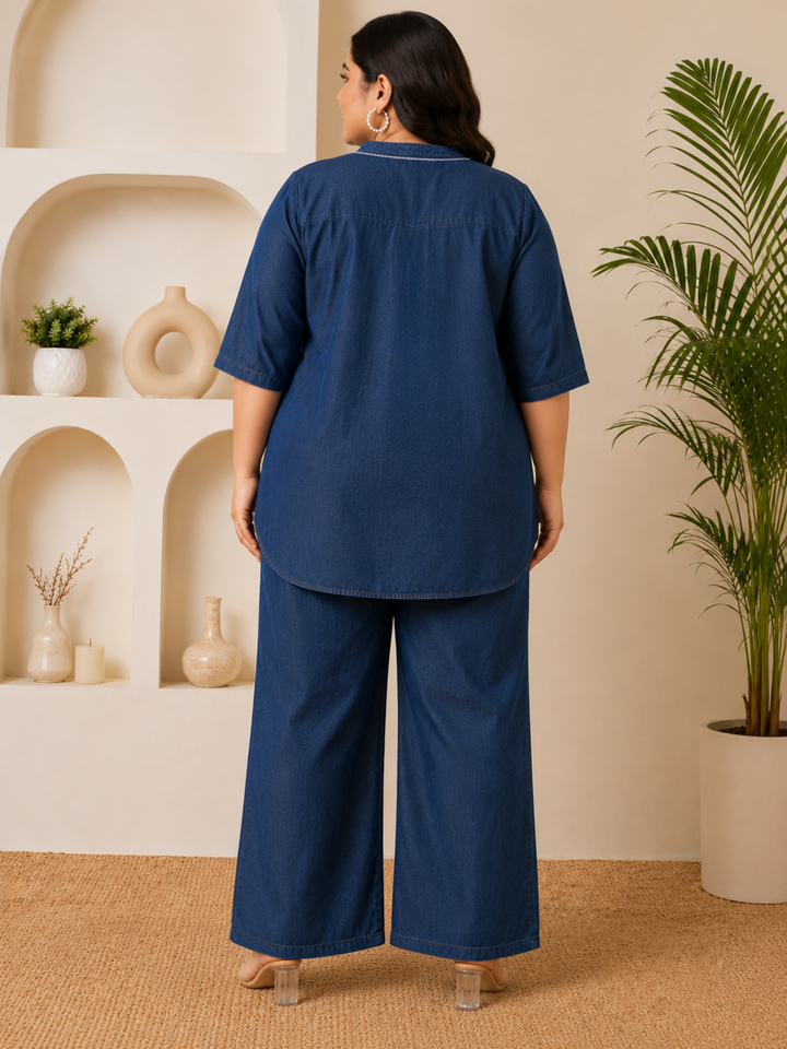Light Blue Denim Wash Cotton Co Ord Set for Women with Embroidery