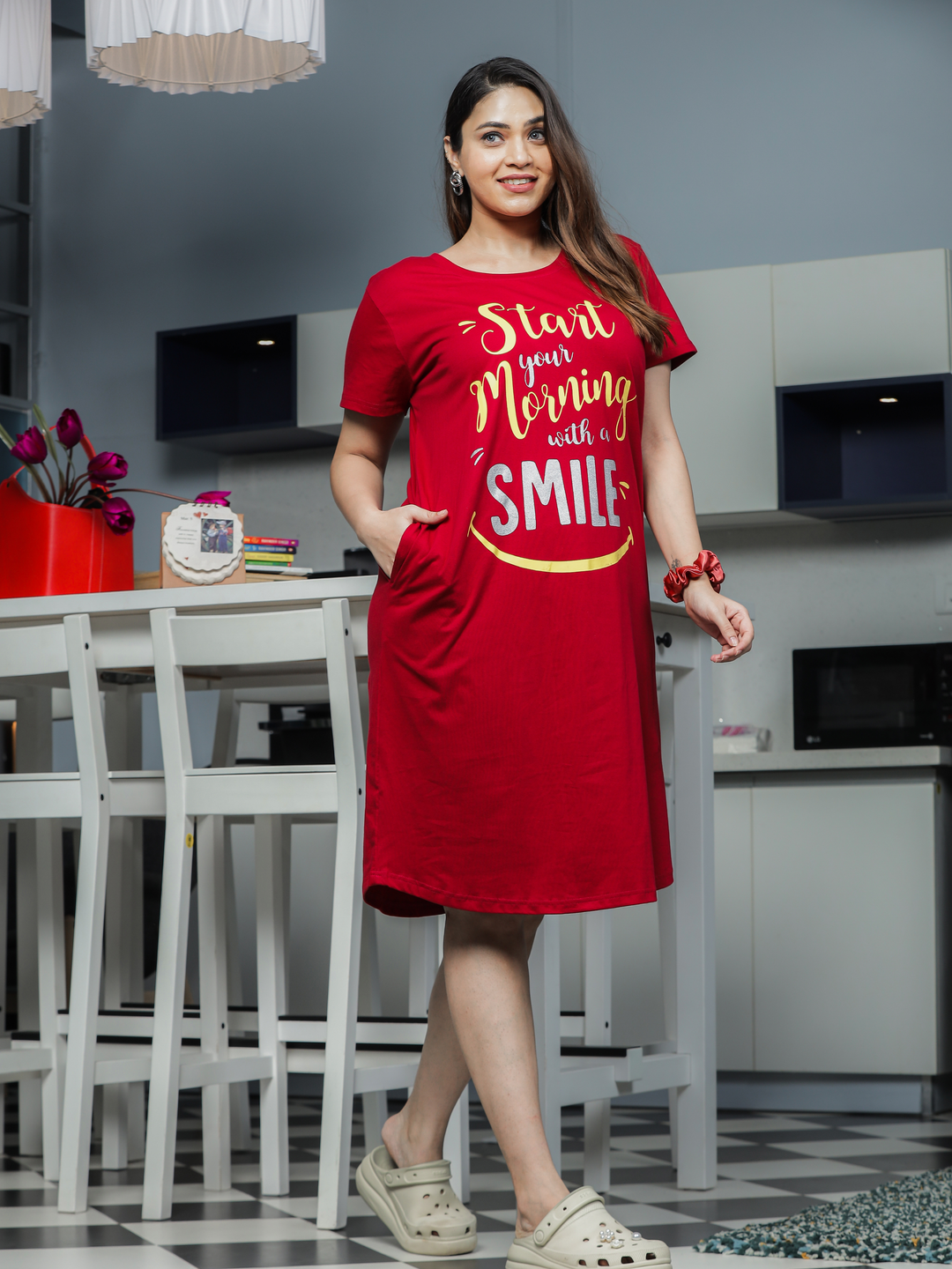 Soft High Quality Cotton Ruby Red Printed Short Nighty for Women