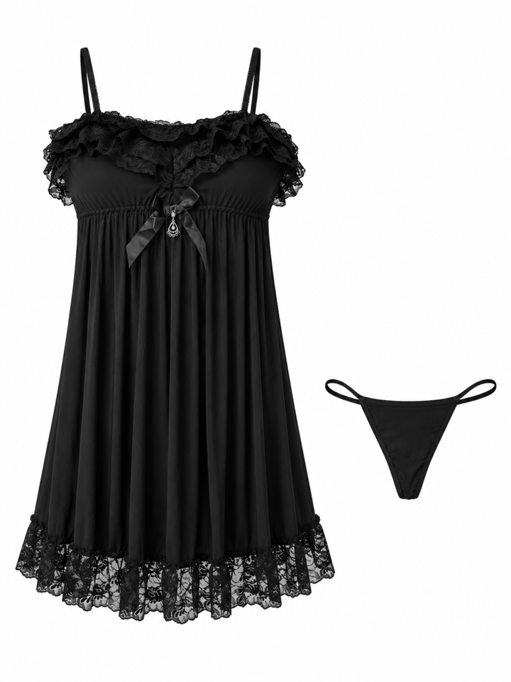 Black Babydoll Dress Lace A Line Elegant Bridal Nightwear