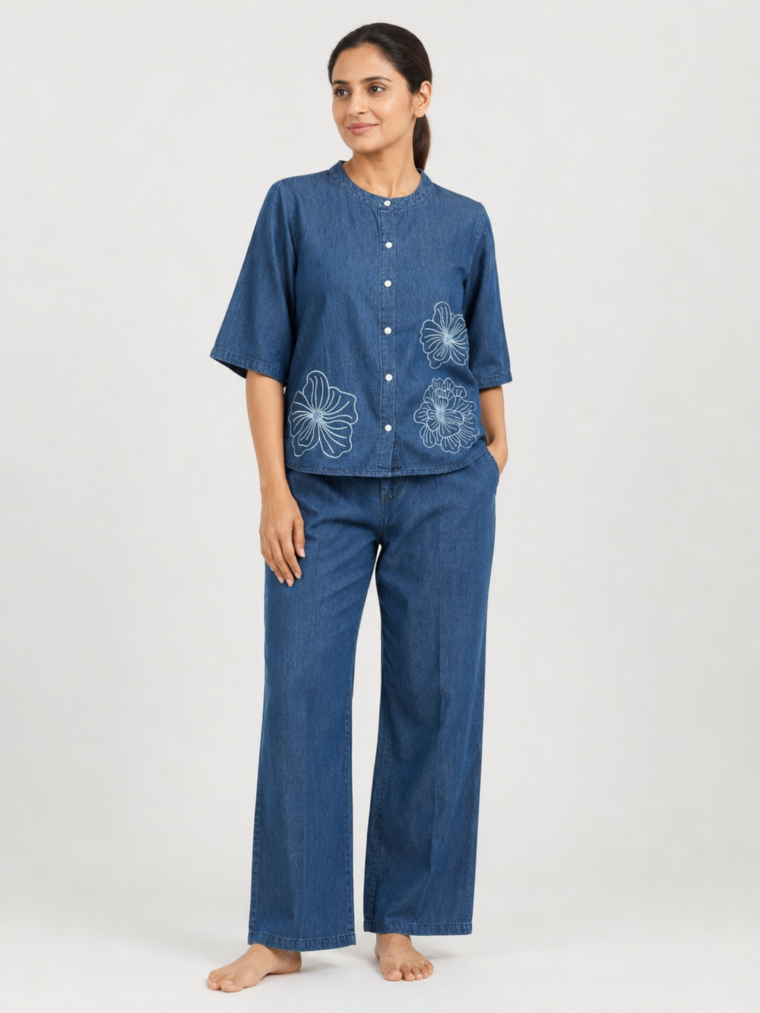 Light Blue Denim Co Ord Set for Women with Floral Embroidery
