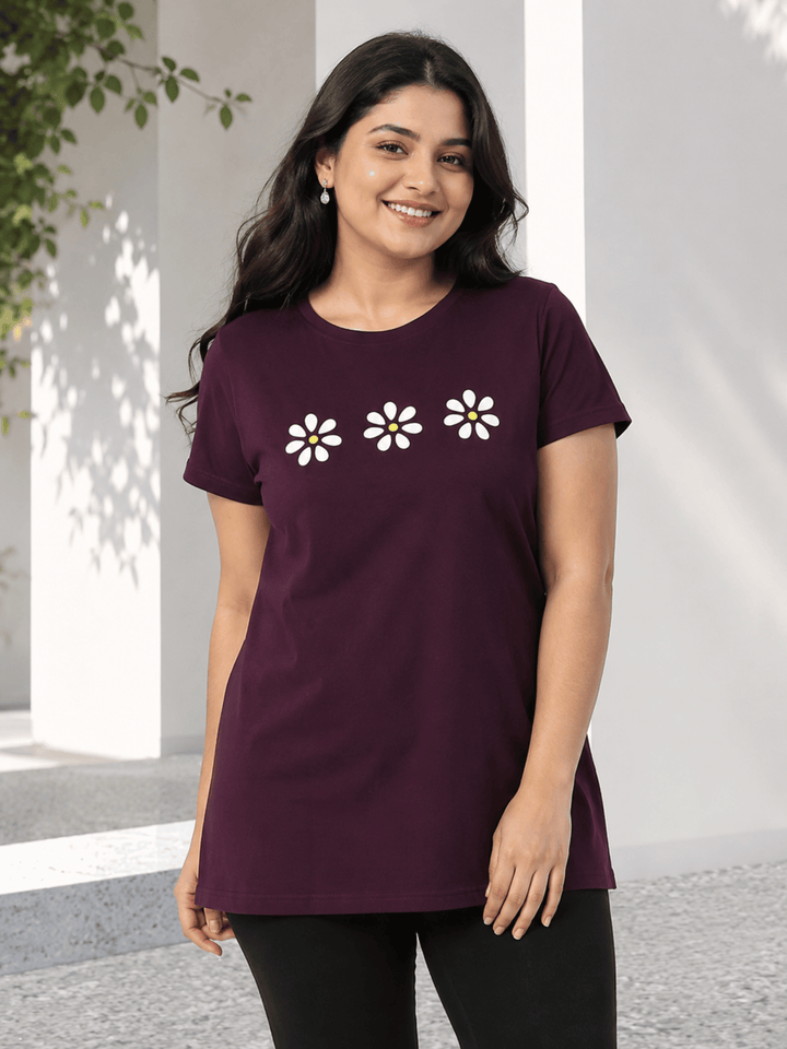 Wine Cotton Long T Shirt for Women with Pocket