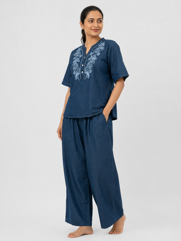 Dark Blue Denim Wash Cotton Co Ord Set for Women with Embroidery
