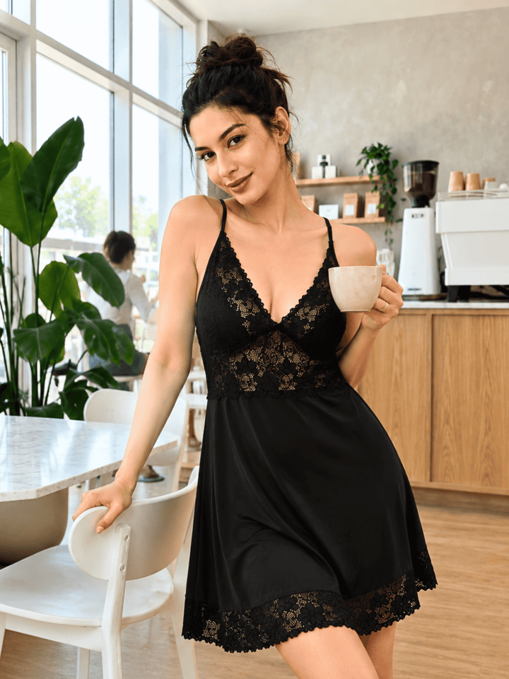 Black Love Malai Deep V Neck Lace Babydoll Nightwear
