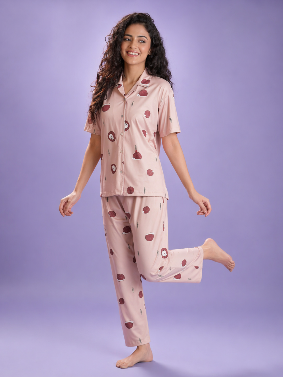 Warm Latte Hedgehog Print Soft Night Suit For Women