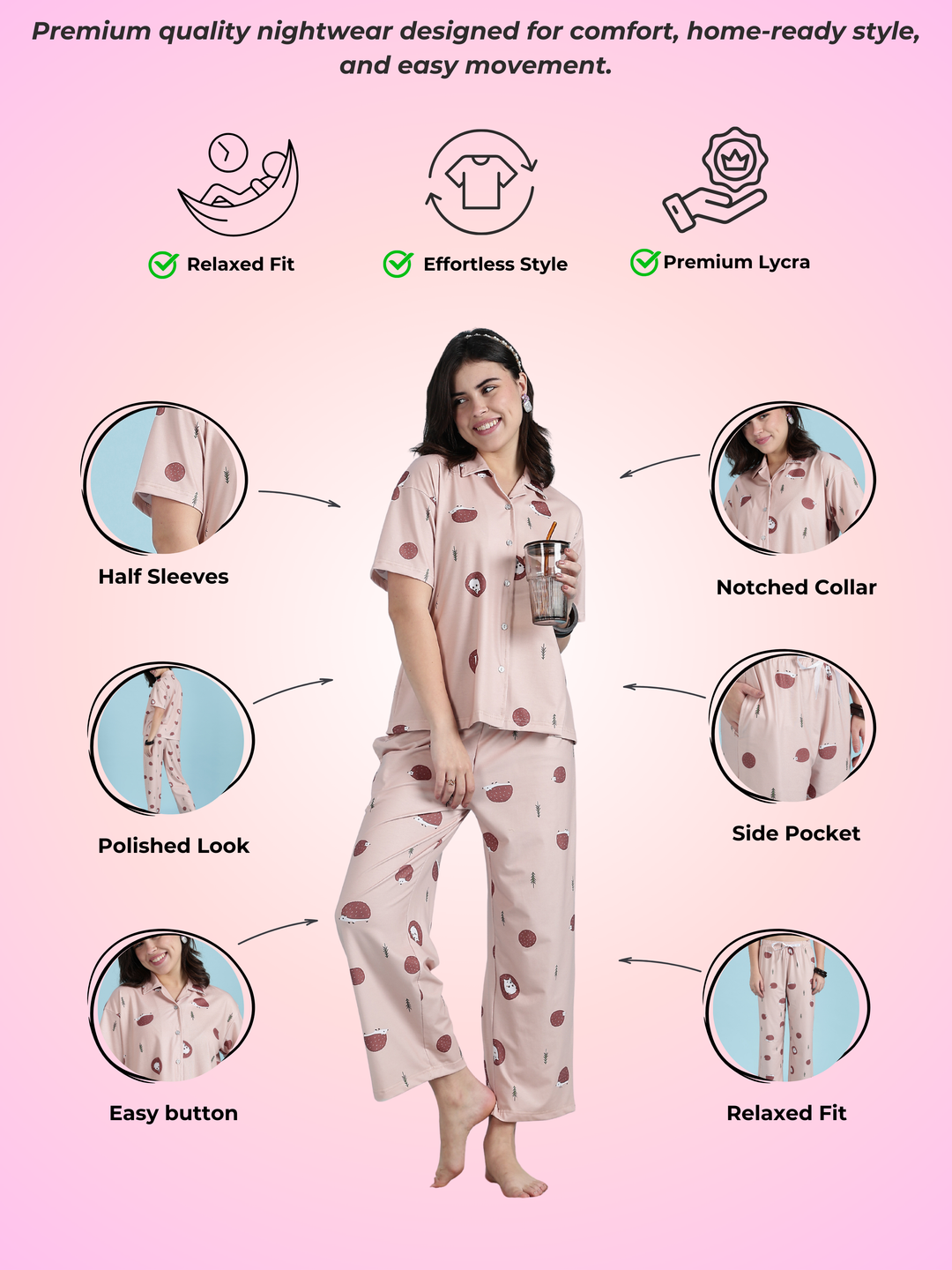 Warm Latte Hedgehog Print Soft-Lounge Set