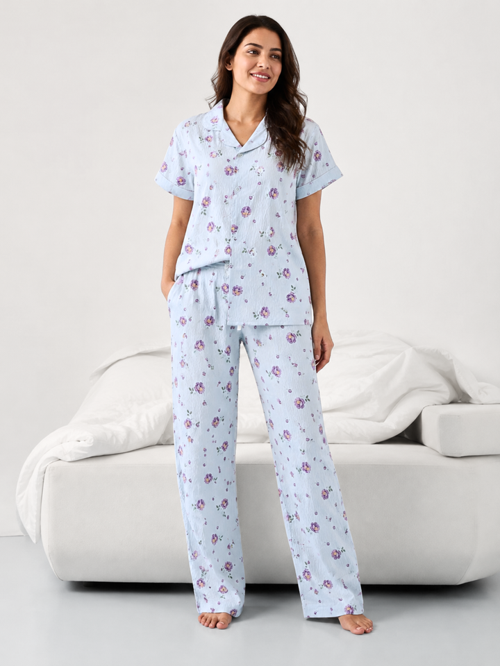 Blue Meadow Crush Cotton Floral Korean Night Suit for Women