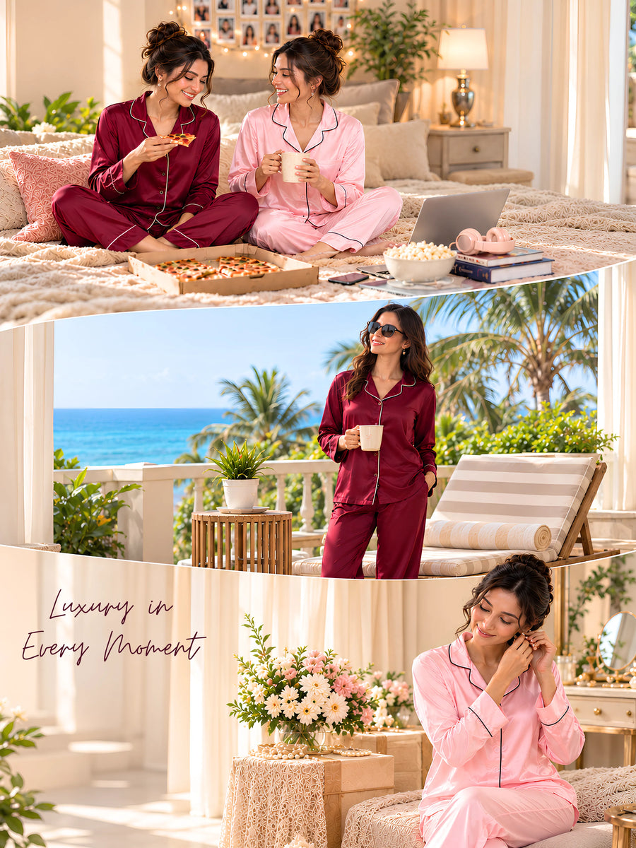 Coffee Nude Satin Long Sleeve Loungewear And Night Suit Set with Minimal Finish