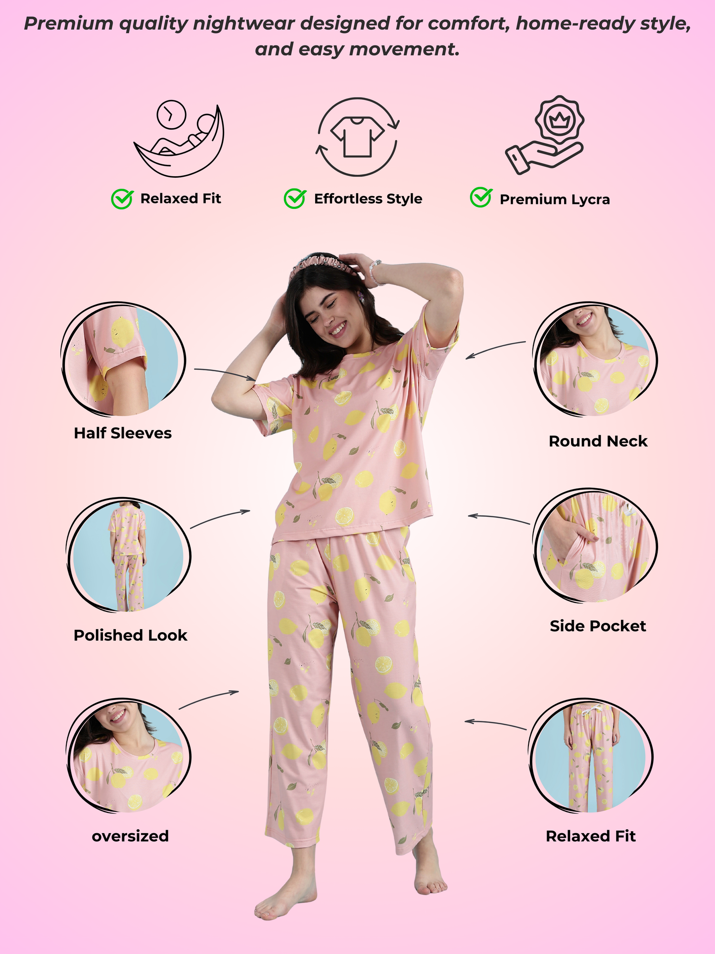 Pink Crush Lemon-Dream Pyjama Set – Premium Lycra