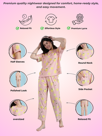 Pink Crush Lemon-Dream Pyjama Set – Premium Lycra