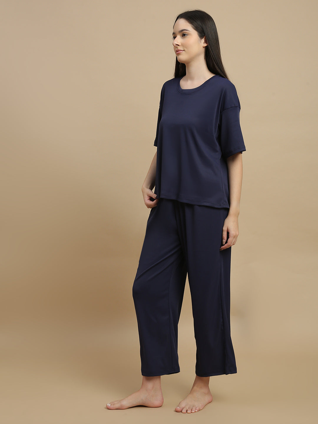 Blue Aura Solid Micro Rib Pyjama Set for Women