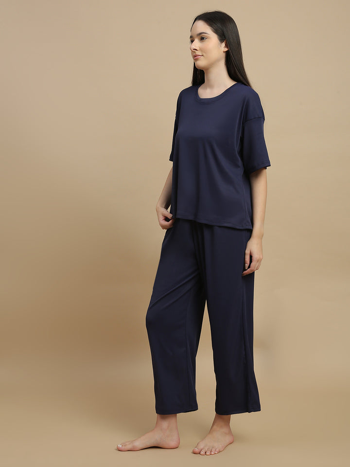 Blue Aura Solid Micro Rib Pyjama Set for Women