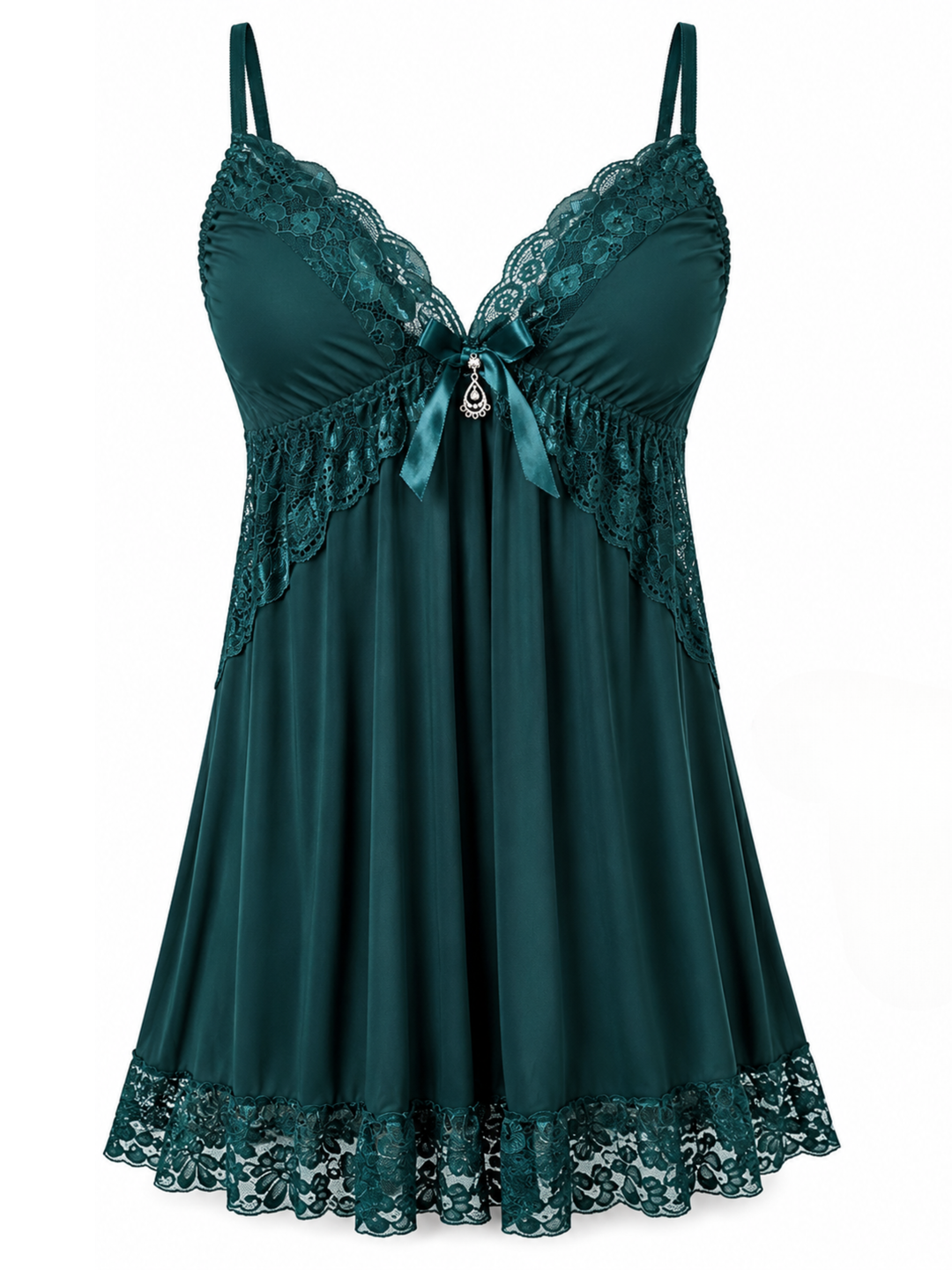 Emerald Green Malai Modal Babydoll Dress Lace V Neck Elegant Fit