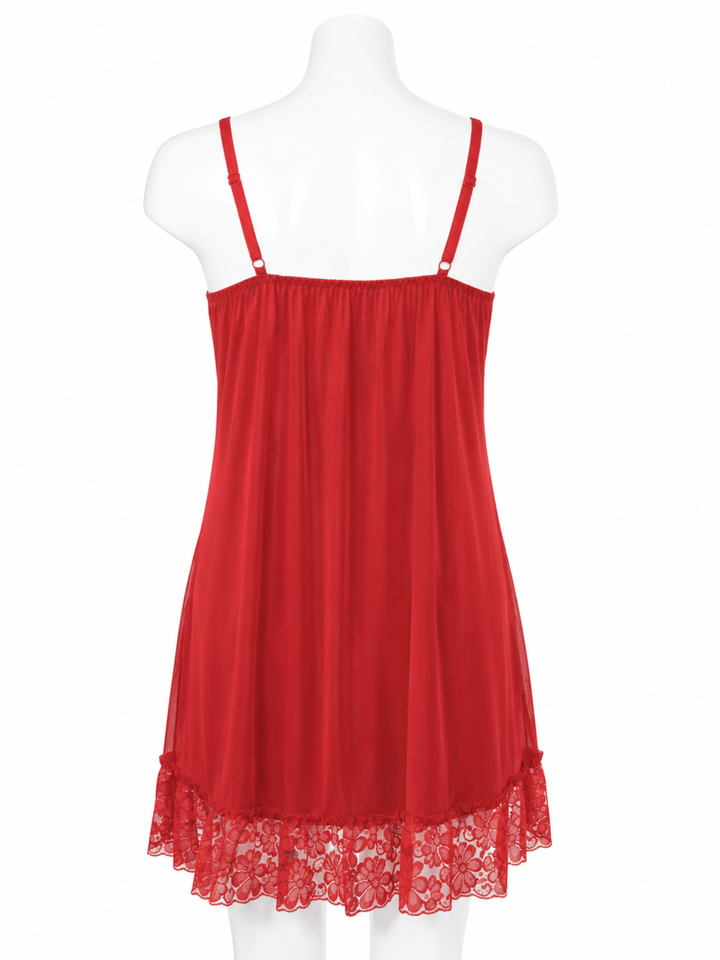 Red Crush Malai Modal Lace Babydoll Dress with Matching Thong for Women