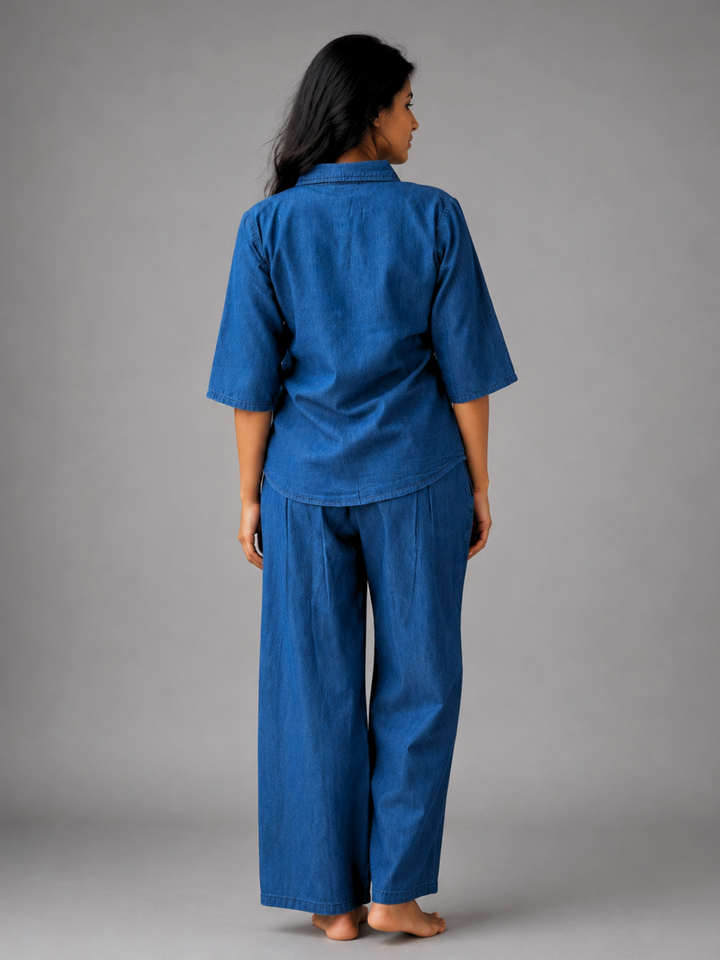 Dark Blue Denim Co Ord Set for Women with Floral Embroidery