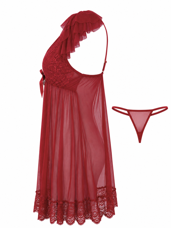 Berry Rouge Power Net Babydoll Dress for Women Elegant Sleepwear