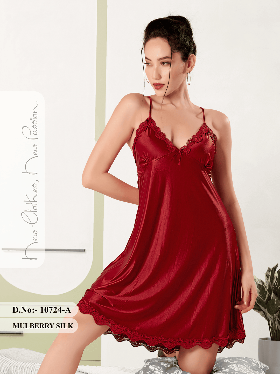 Red Romance Mulberry Silk Babydoll Dress with Lace Detail
