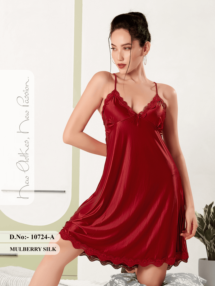 Red Romance Mulberry Silk Babydoll Dress with Lace Detail
