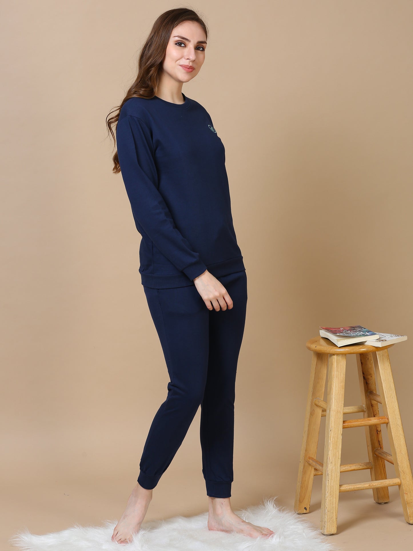 Navy Blue Hosiery Cotton Track Suit for Women with Lounge Fit