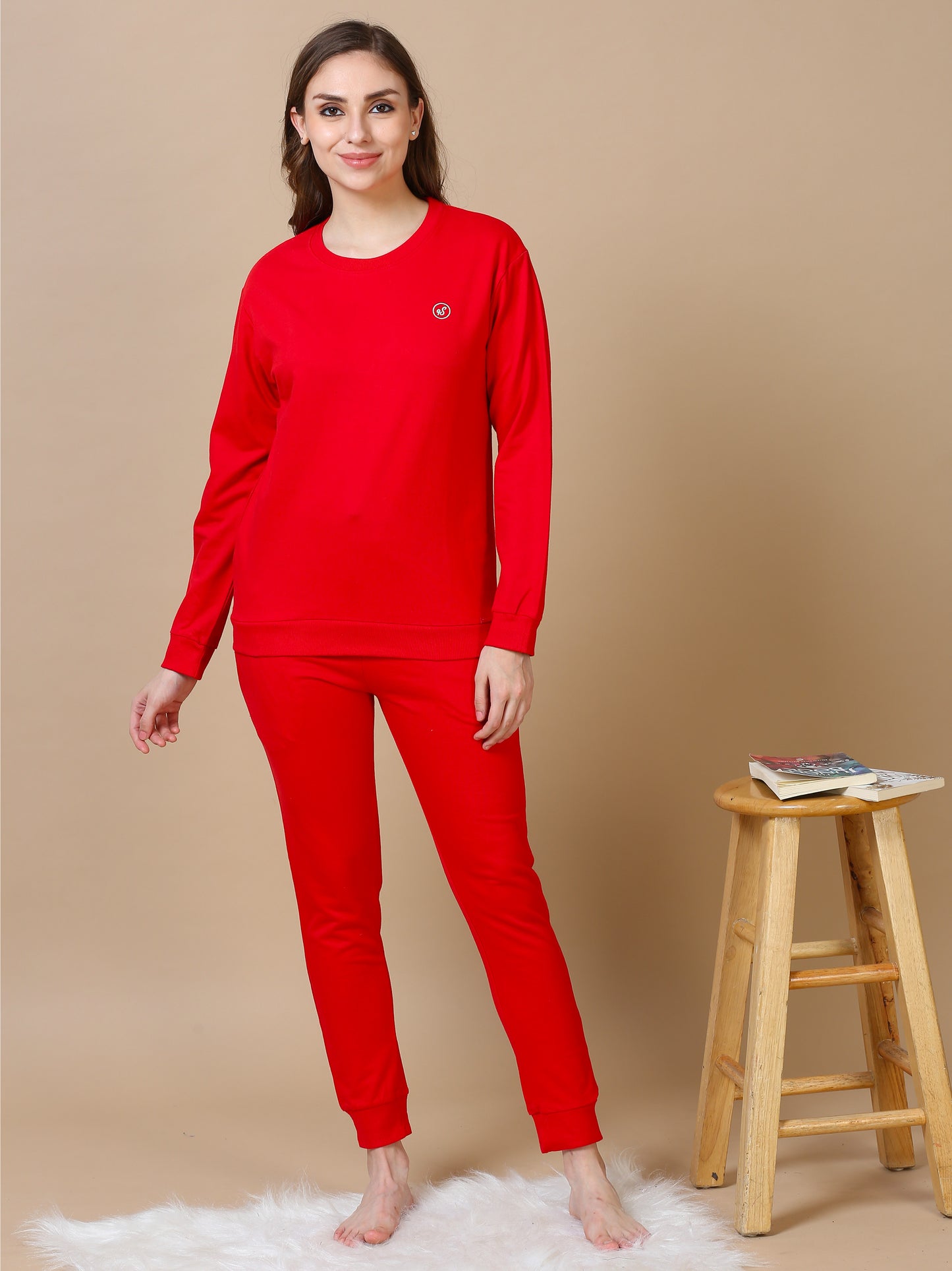 Crimson Red Hosiery Cotton Winter Coord Set for Women with Tapered Fit and Full Sleeves