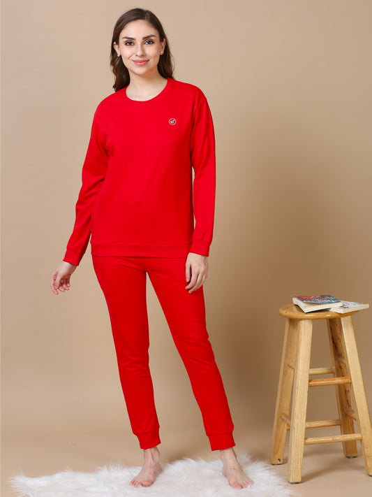 Crimson Red Hosiery Cotton Winter Coord Set for Women with Tapered Fit and Full Sleeves