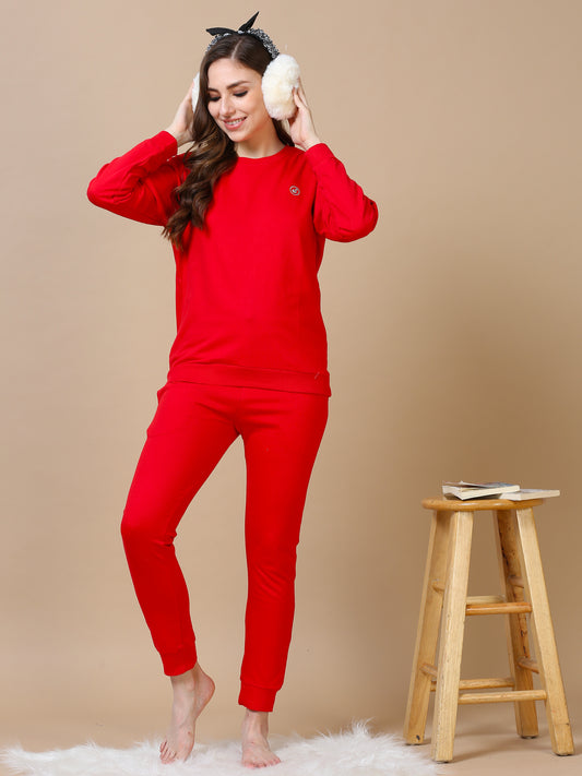 Crimson Red Hosiery Cotton Winter Coord Set for Women with Tapered Fit and Full Sleeves