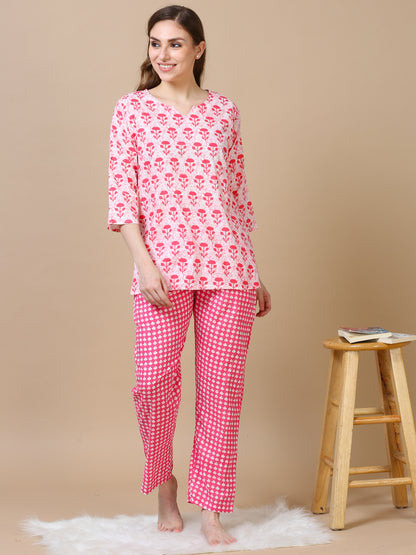 Pink Floral Pure Cotton Night Suit Set for Women with Lounge-Ready Style