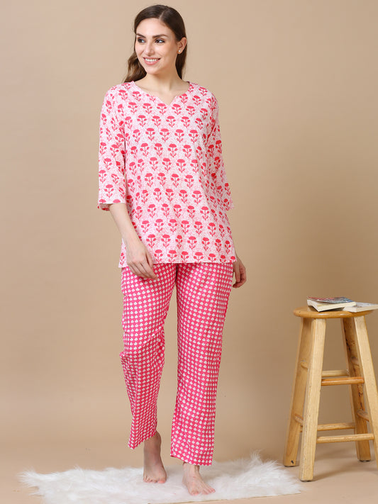Pink Floral Pure Cotton Night Suit Set for Women with Lounge-Ready Style