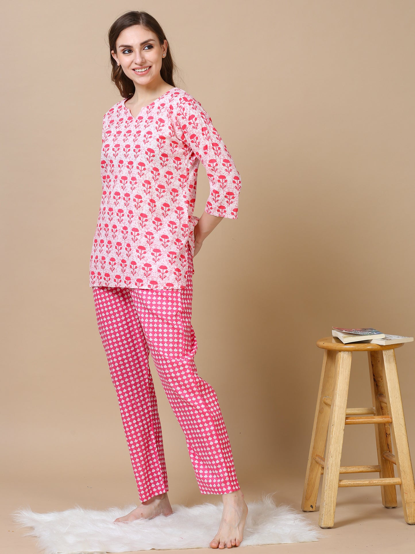 Pink Floral Pure Cotton Night Suit Set for Women with Lounge-Ready Style
